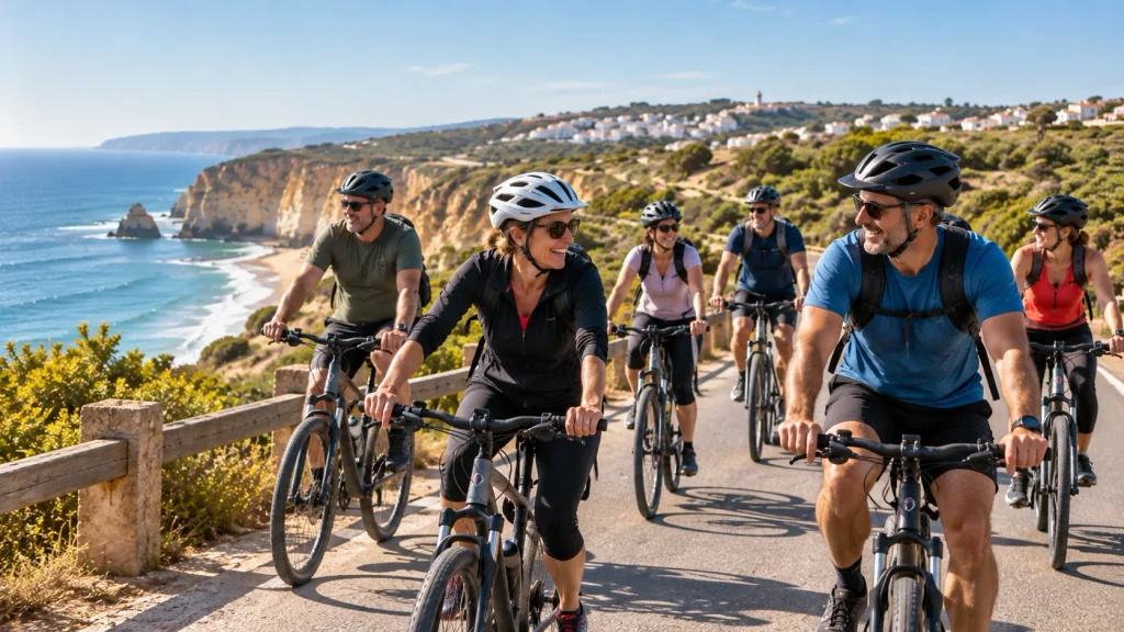 Groupe participant à une activité vélo lors d’un séminaire d’entreprise au Portugal